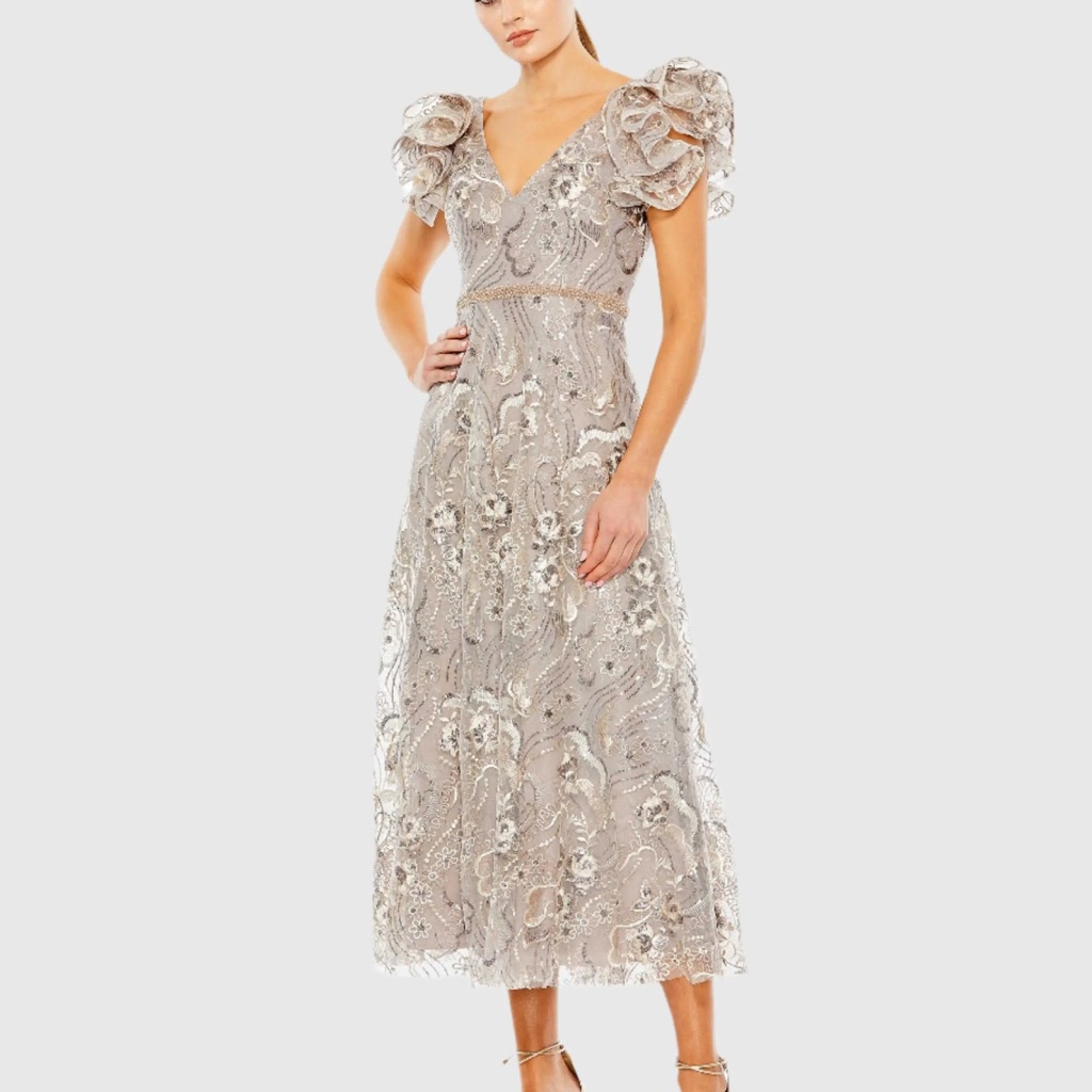 Mac Duggal Embellished Ruffled Cap Sleeve Size 4 Dressregular Price $598 Usd